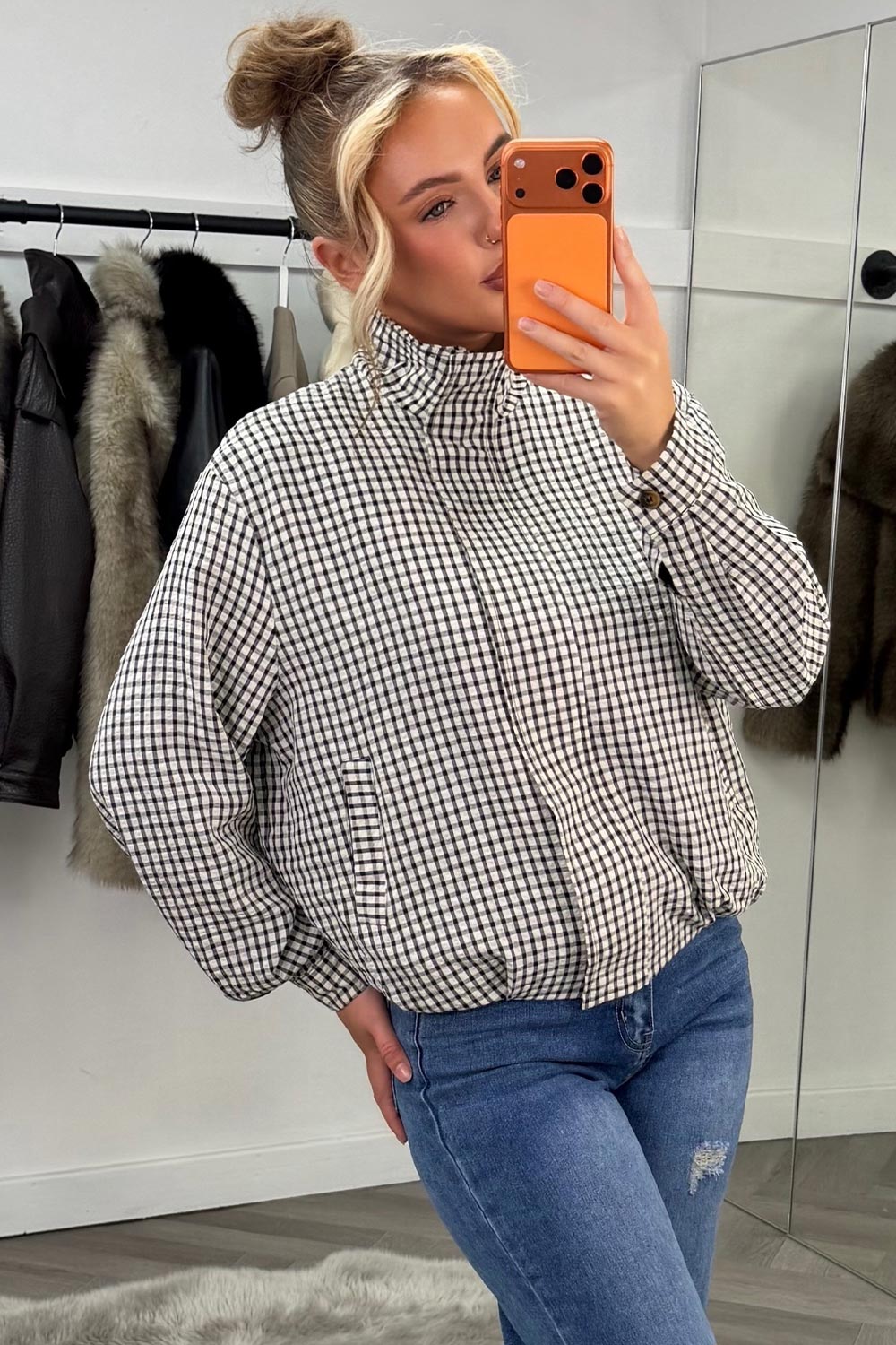 oversized high neck womens check print jacket styledup fashion