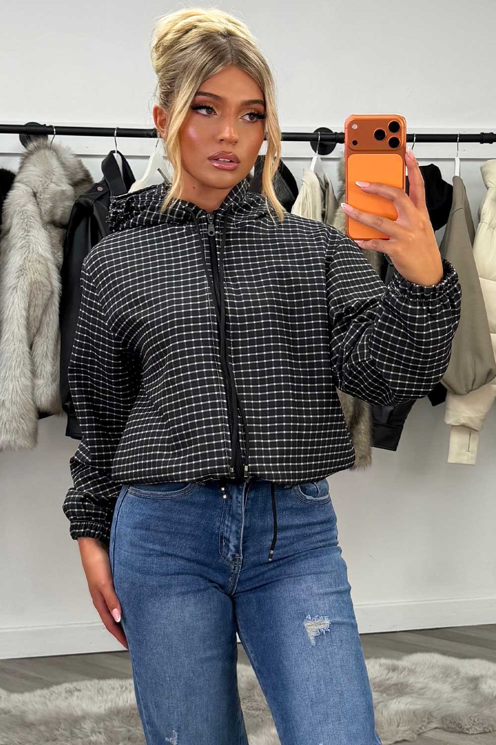 womens checked jacket with hood long sleeves drawstring hem styledup uk