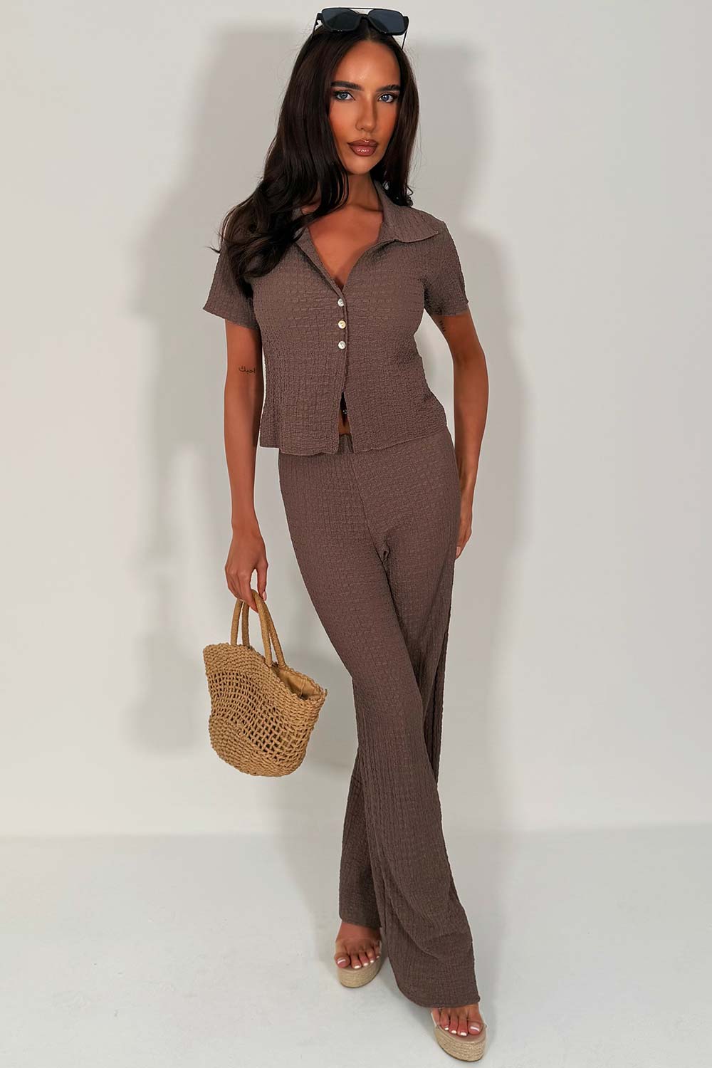 womens straight leg trousers and short sleeve top two piece matching outfit set styledup zara uk
