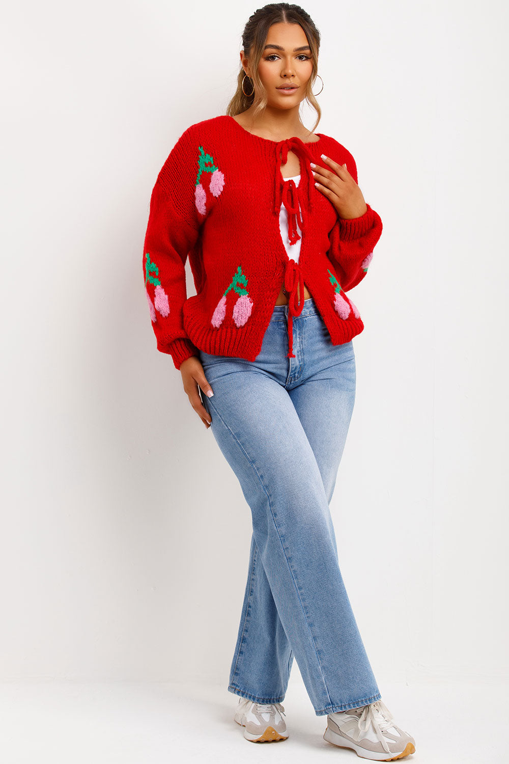 knitted cardigan with cherries tie knot front styledup