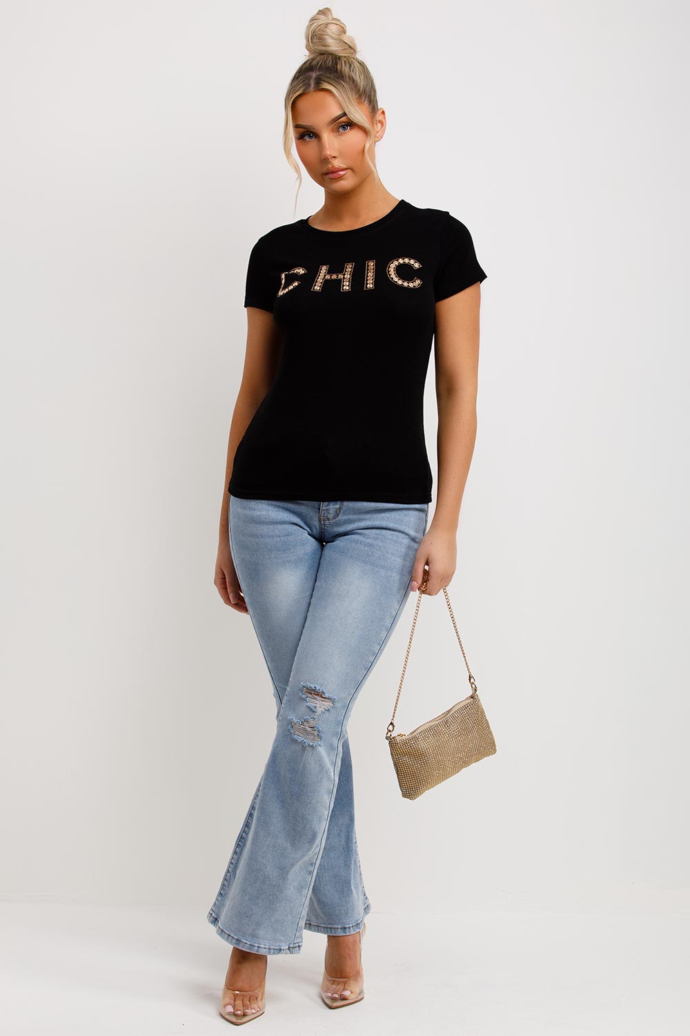 womens black t shirt with chic diamante slogan