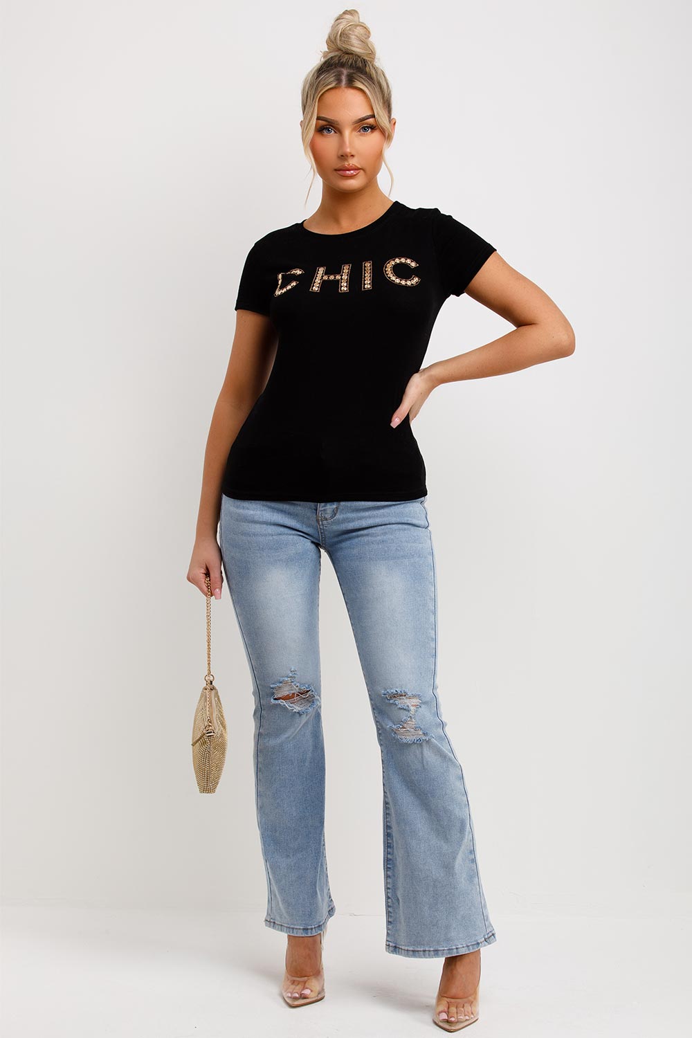 black t shirt with chic diamante womens