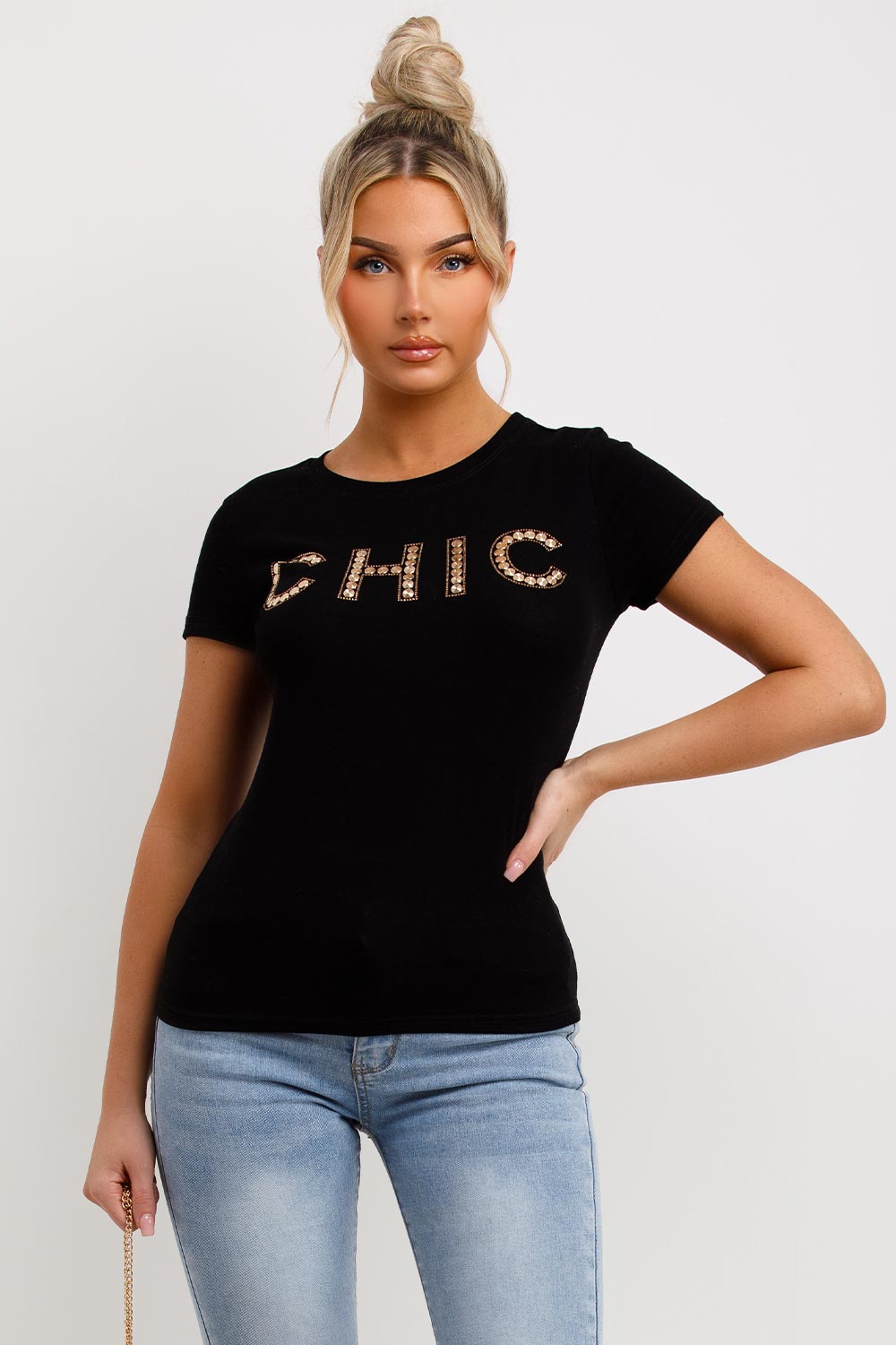 womens chic diamante t shirt black