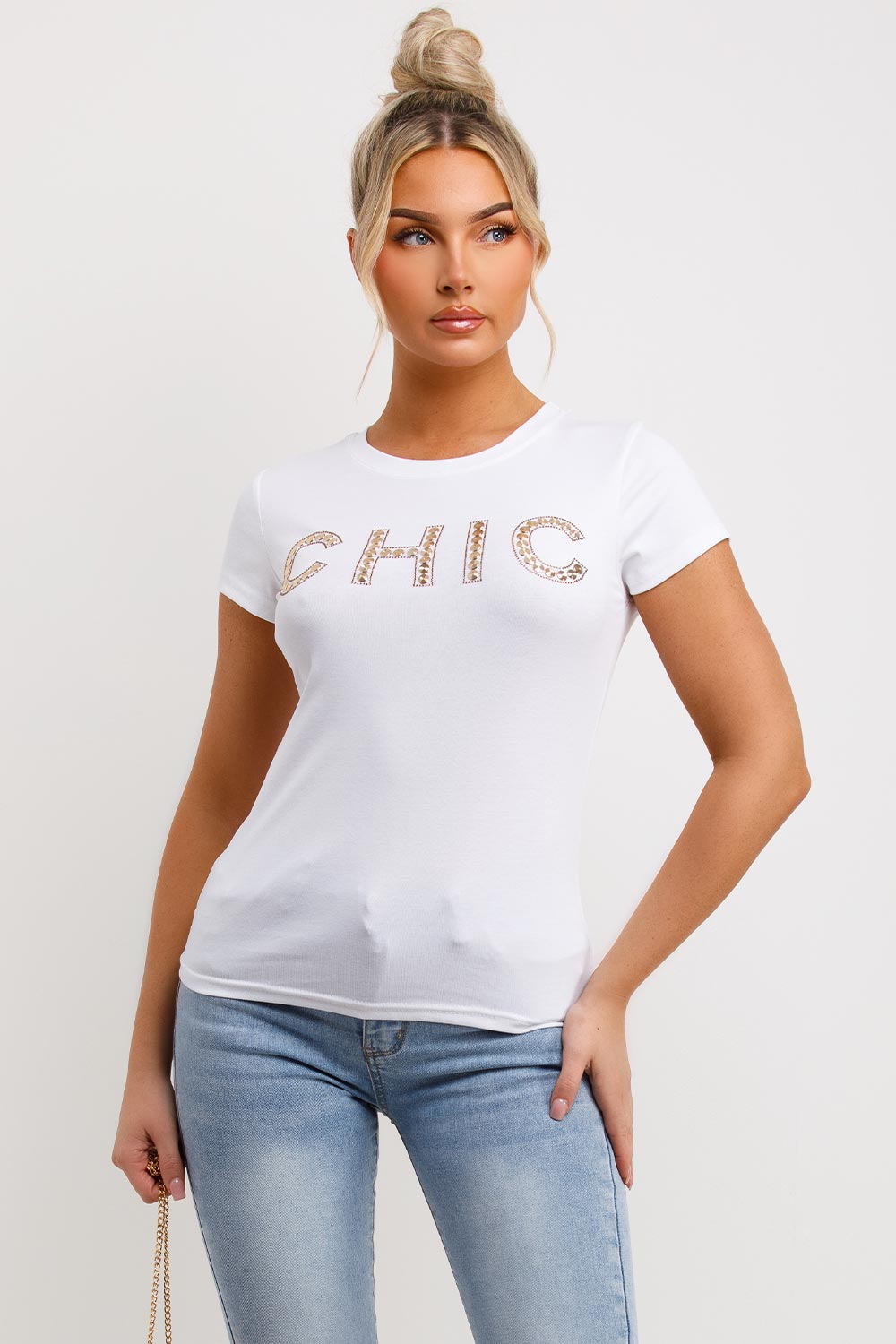 white t shirt with diamante detail chic slogan