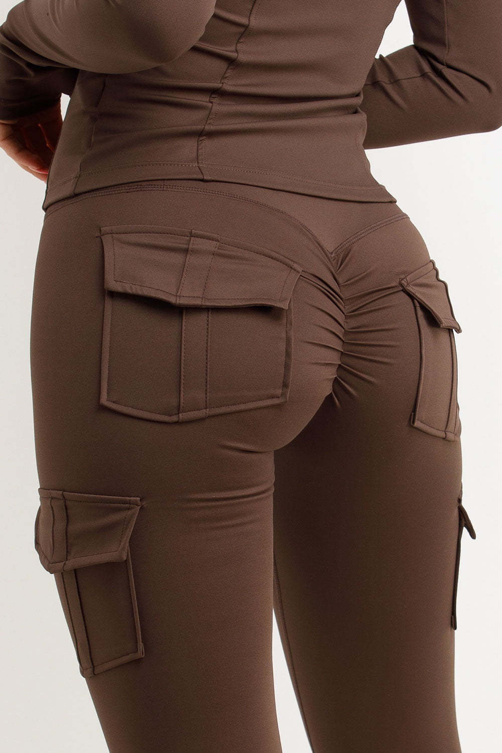 zip up sports jacket and leggings two piece co ord set brown