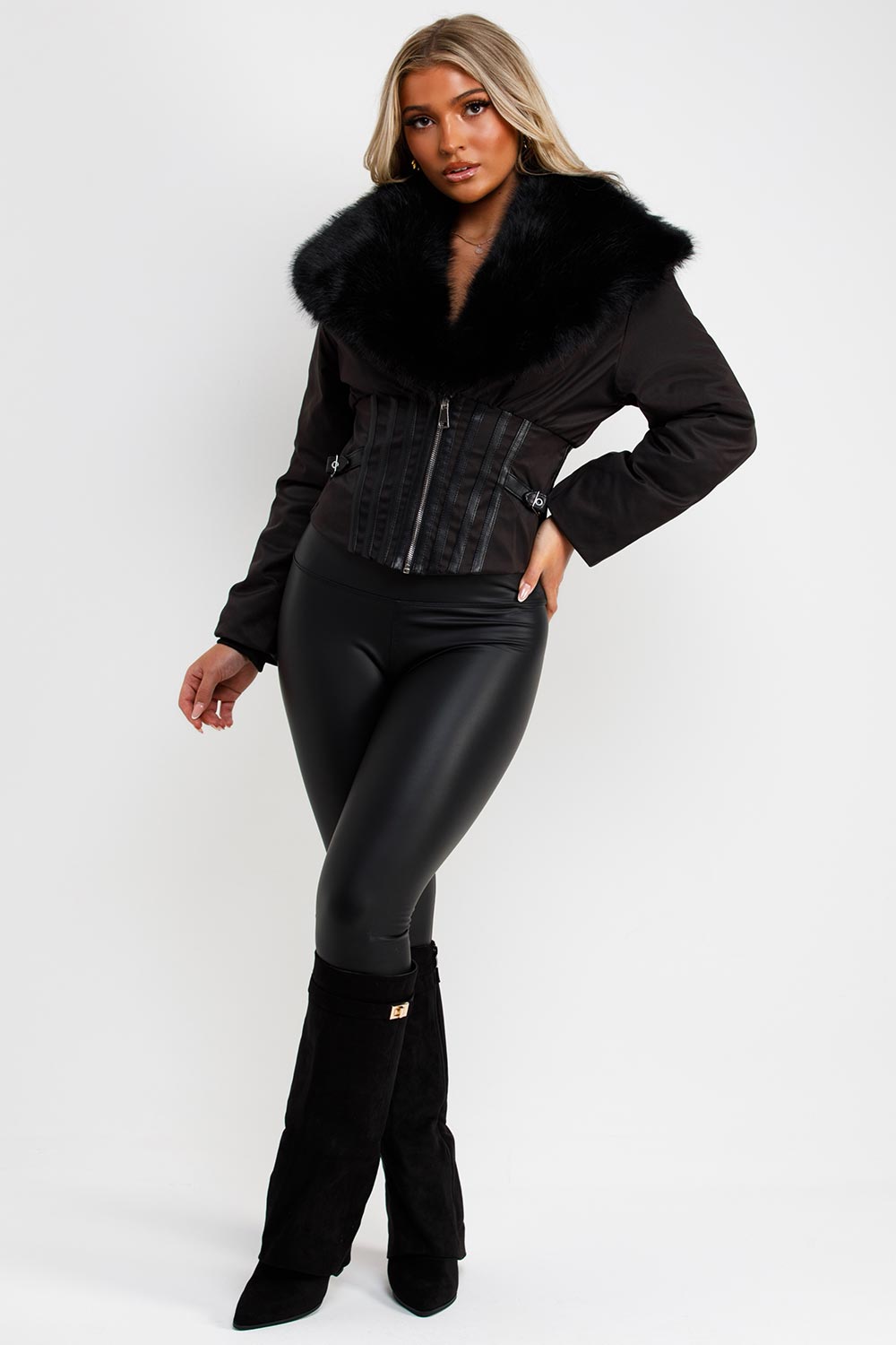 black fur collar corset detail jacket styledup uk