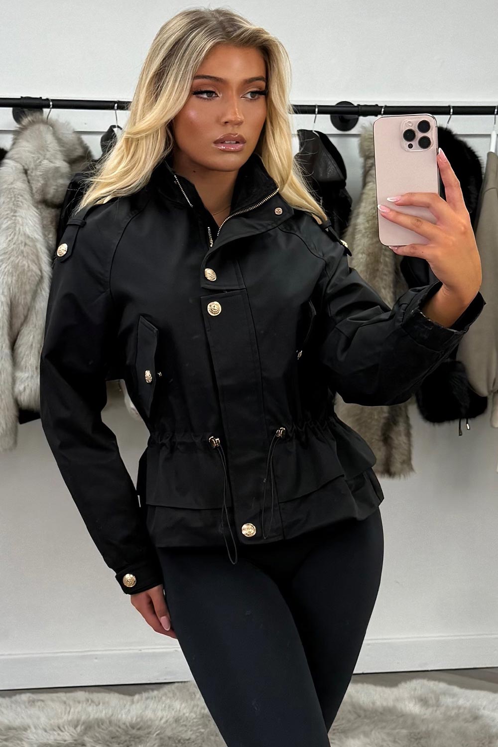 funnel neck jacket with drawstring waist black styledup uk