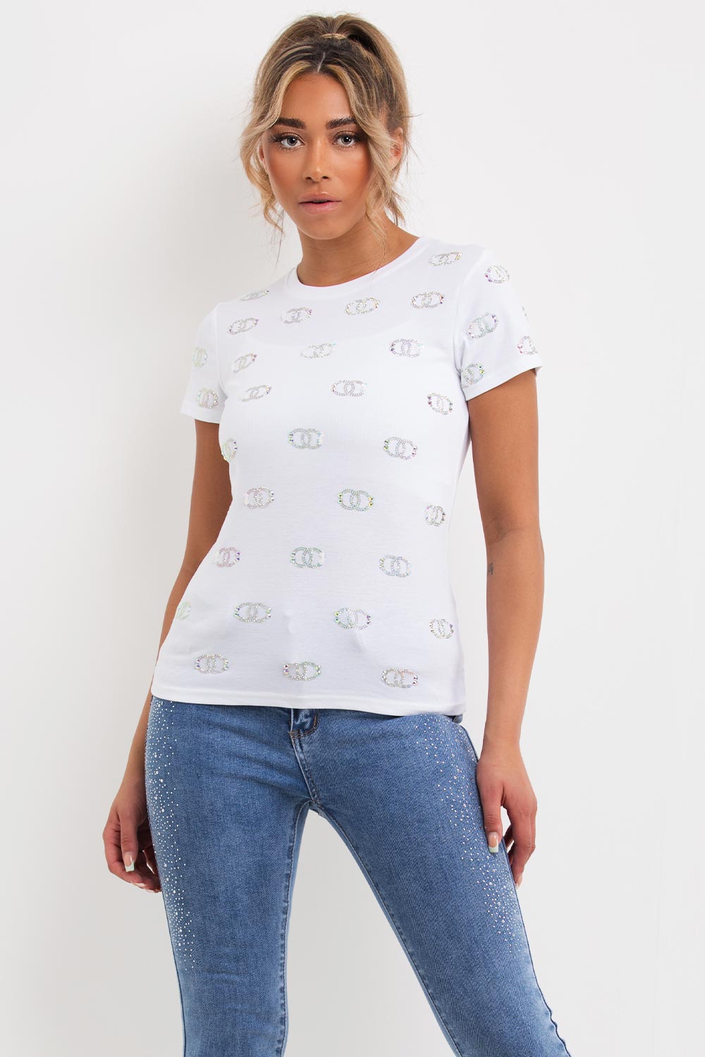 womens white diamante embellishment t shirt