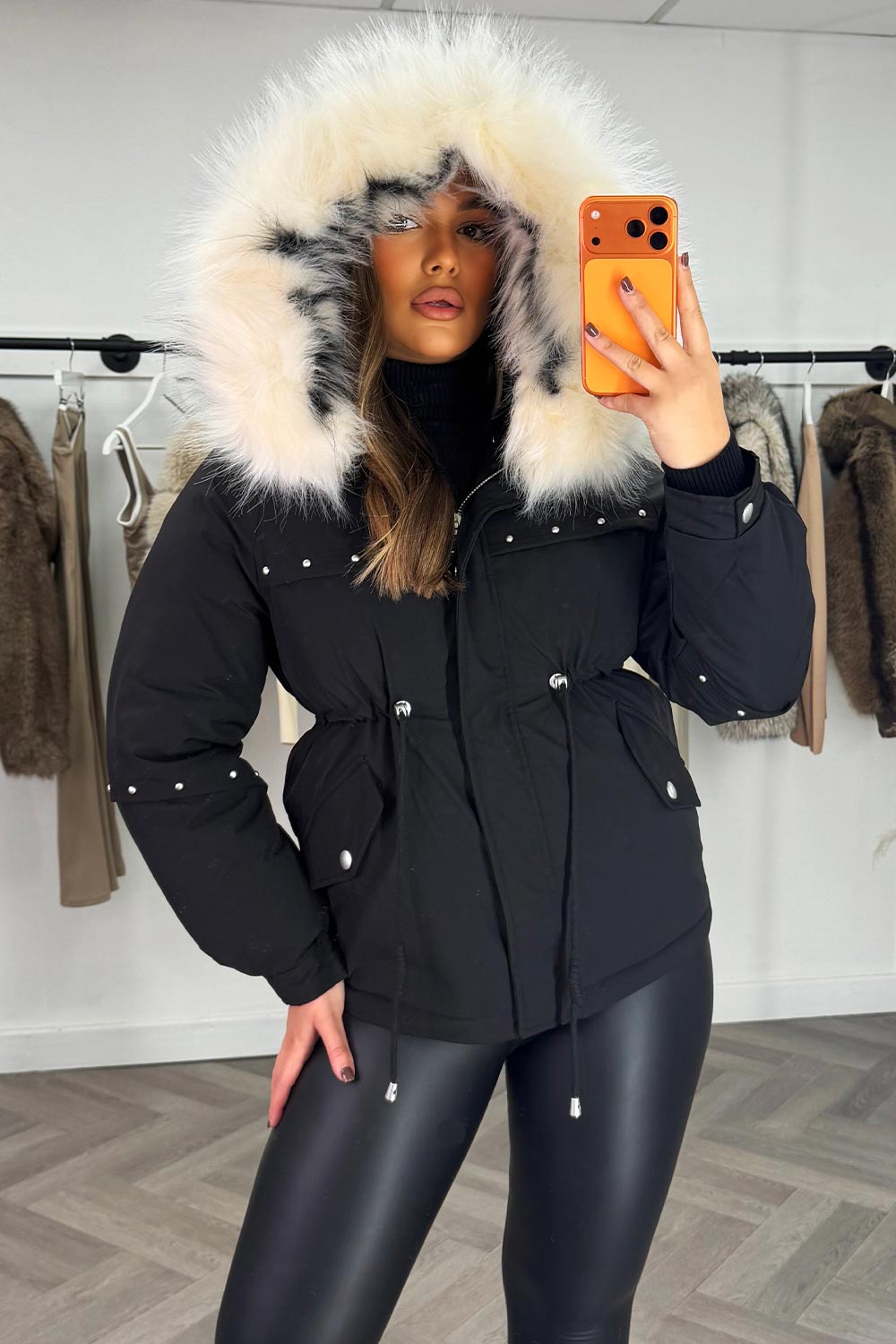 faux fur hood winter jacket with drawstring waist womens styledup