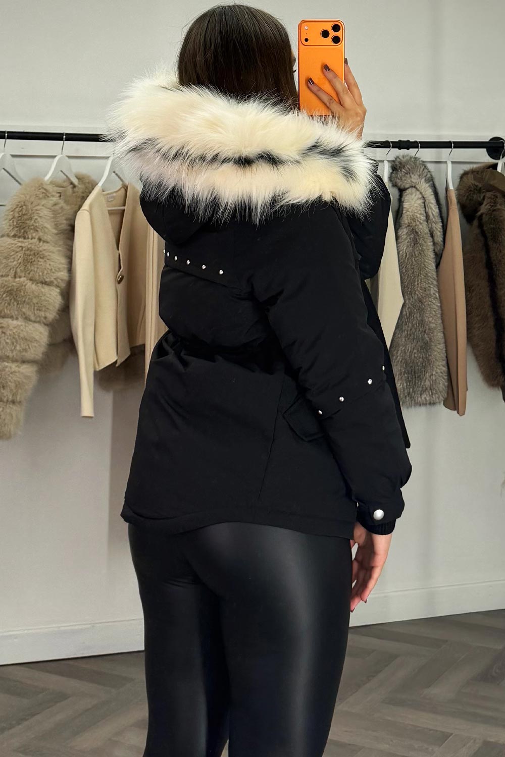 black winter coat with white fur hood for womens winter outerwear