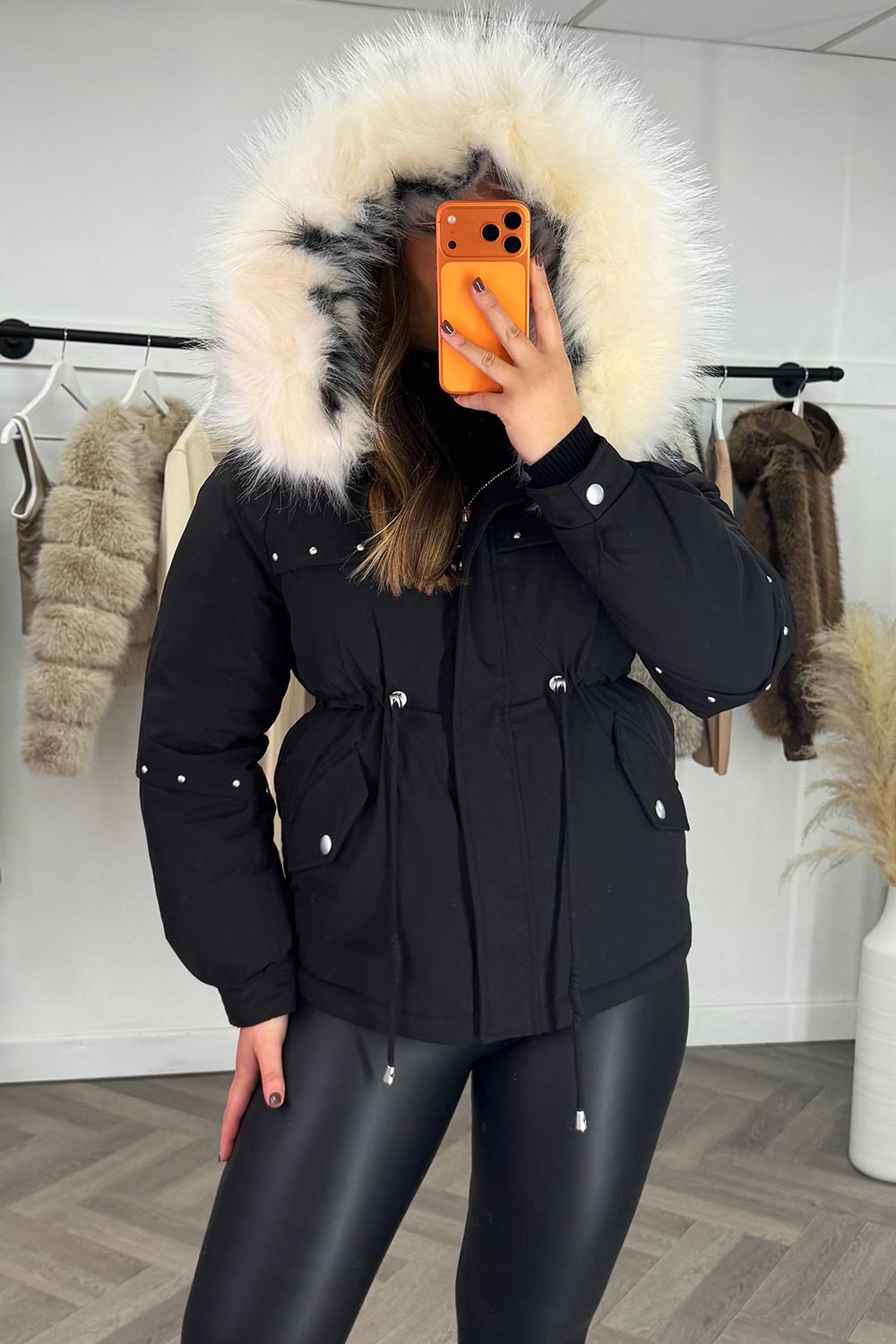 faux fur hood winter coat with drawstring waist styledup