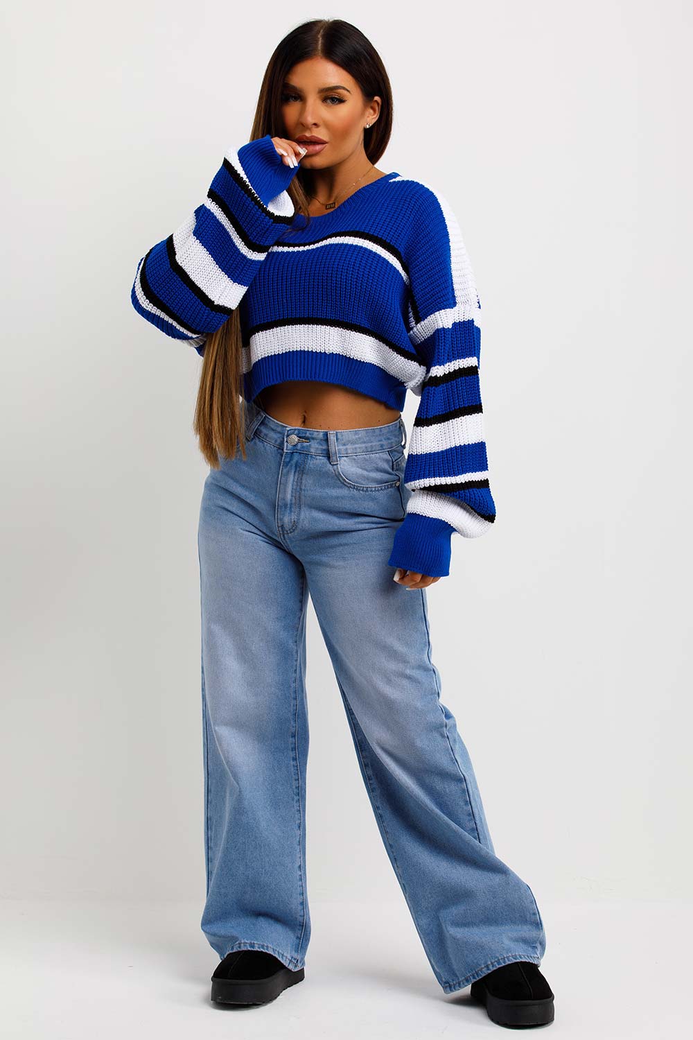 womens knitted striped crop jumper