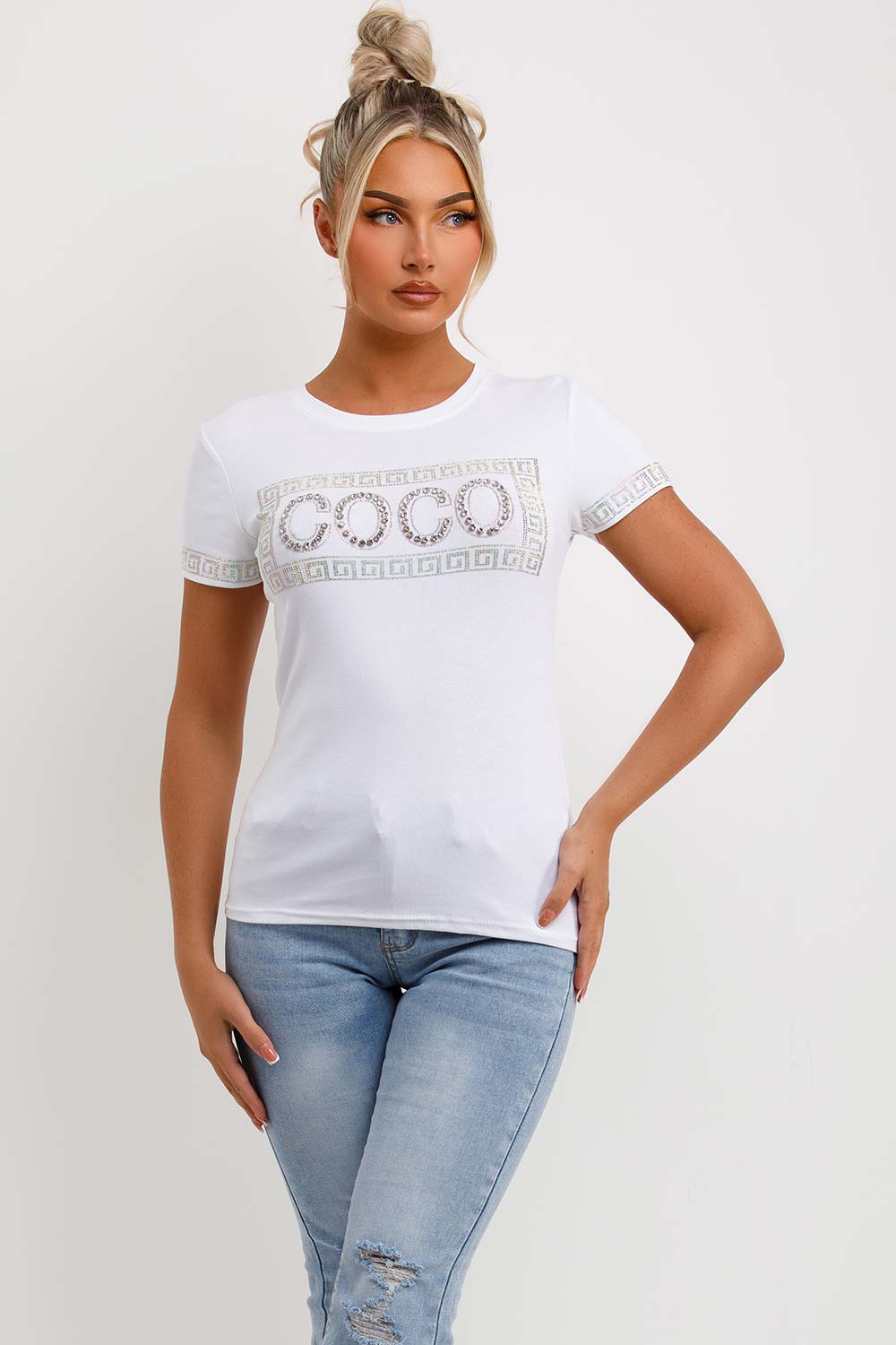 womens sparkly diamante co co slogan t shirt white