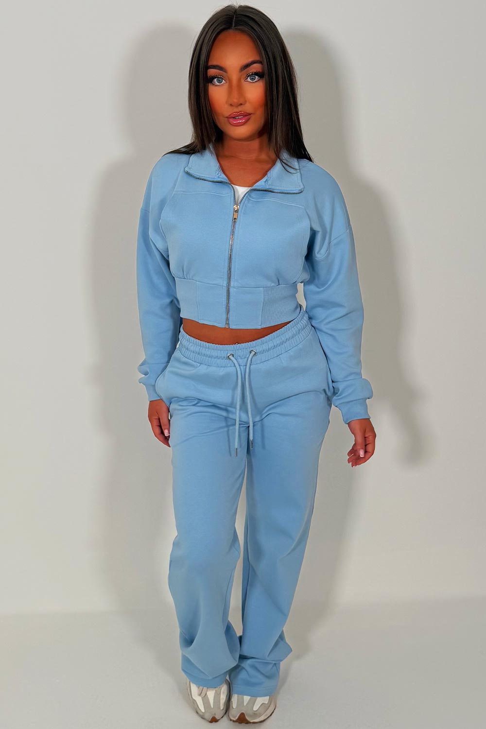 womens zip up sweatshirt and wide leg joggers two piece tracksuit co ord set styledup