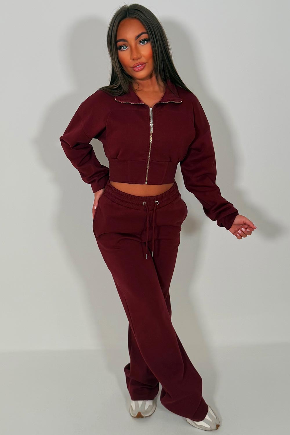 womens wide leg joggers and crop sweatshirt tracksuit airport outfit styledup