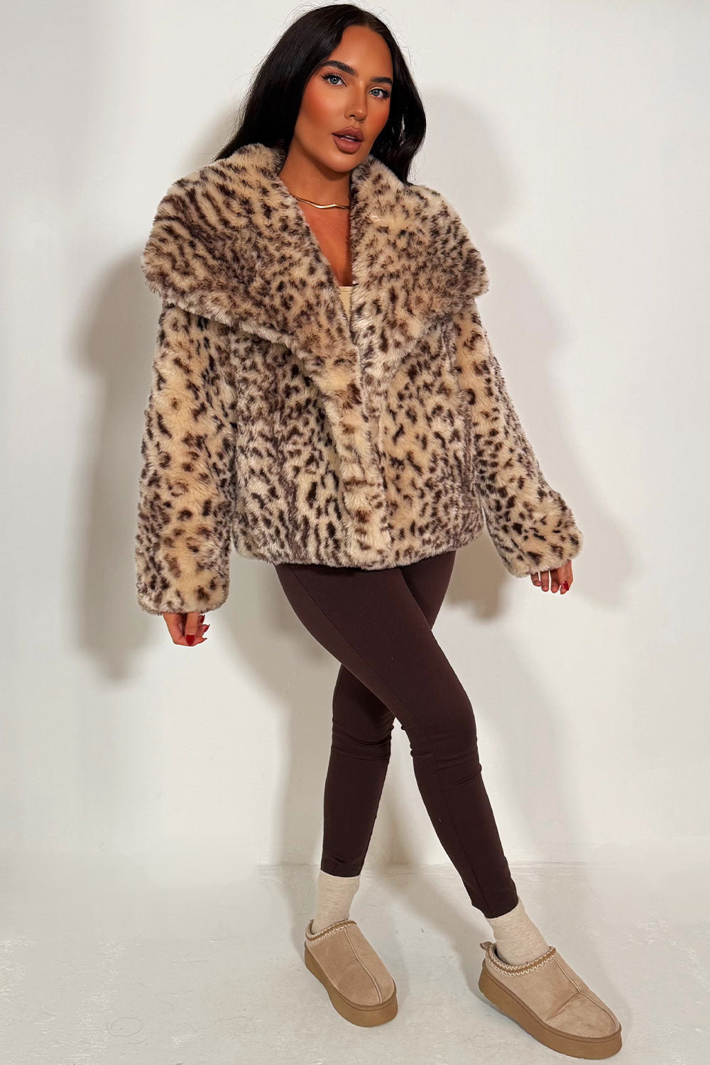 womens faux fur animal print jacket with collar styledup