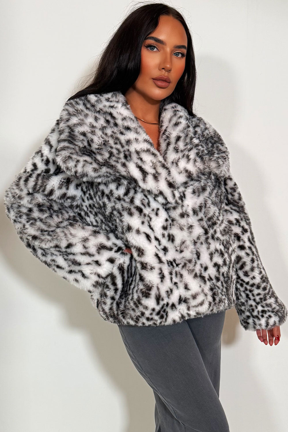 faux fur animal print jacket with lapel collar styledup