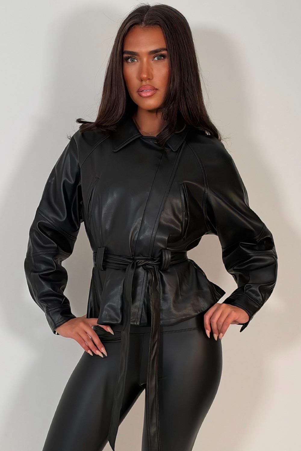 black belted faux leather jacket with long sleeves womens zara uk