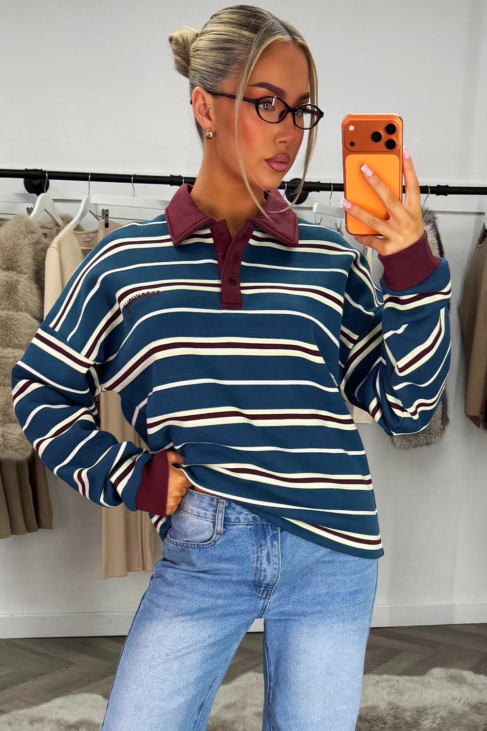 womens collared striped long sleeve jumper sweatshirt styledup