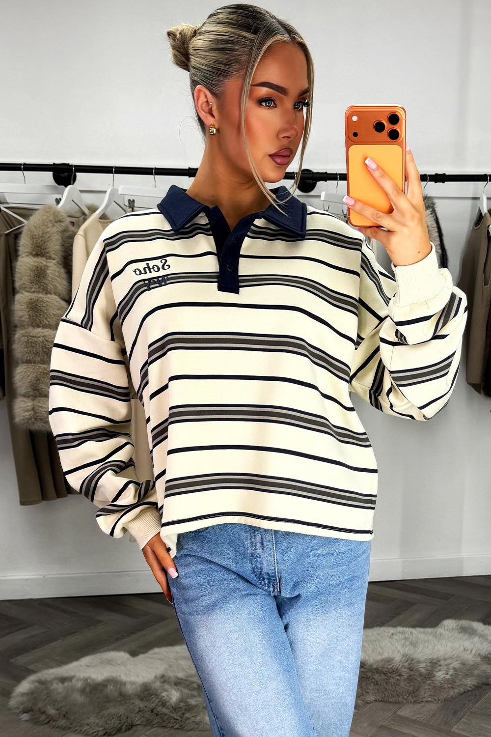 striped collared jumper sweatshirt long sleeve