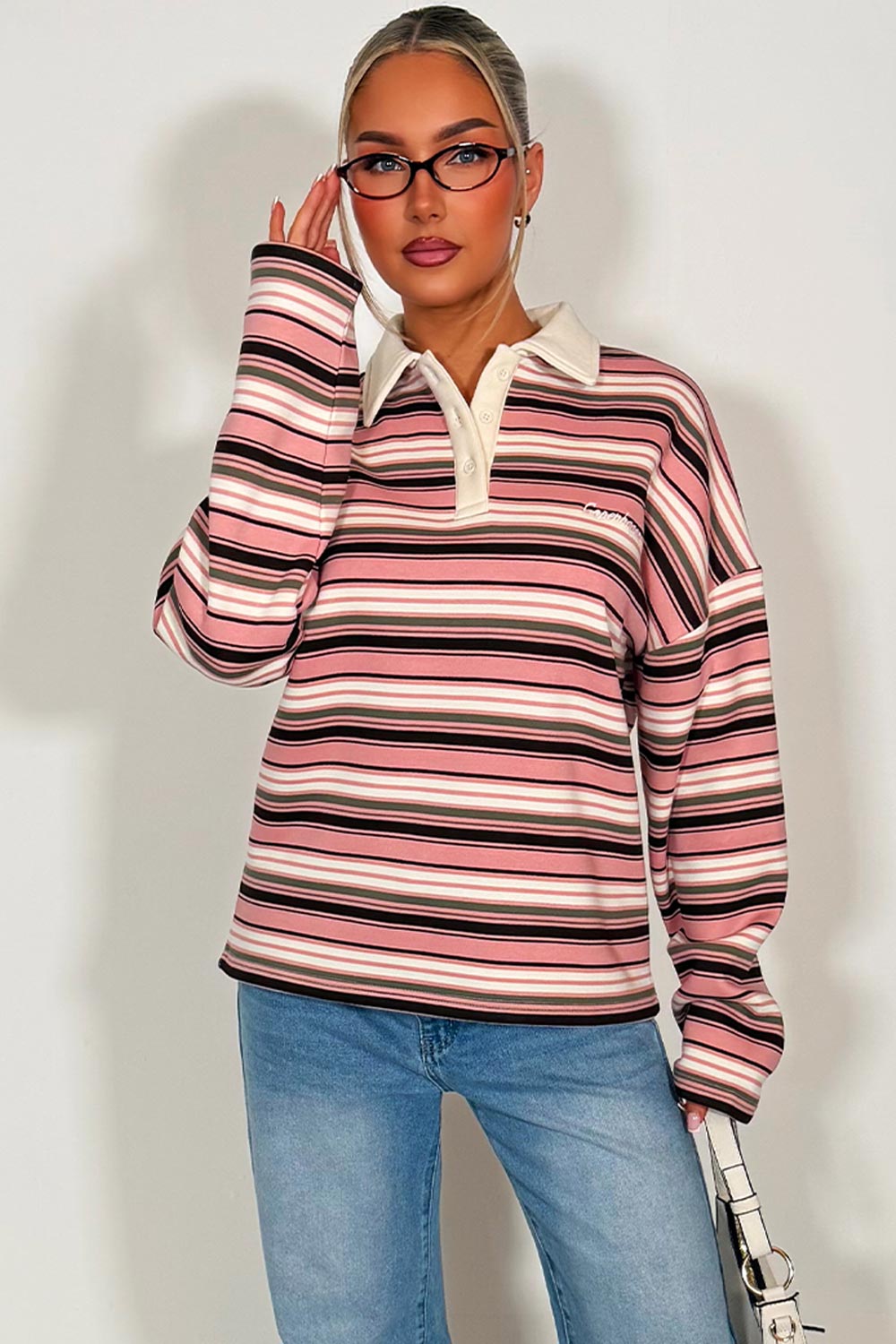 womens collared striped long sleeve jumper sweatshirt styledup