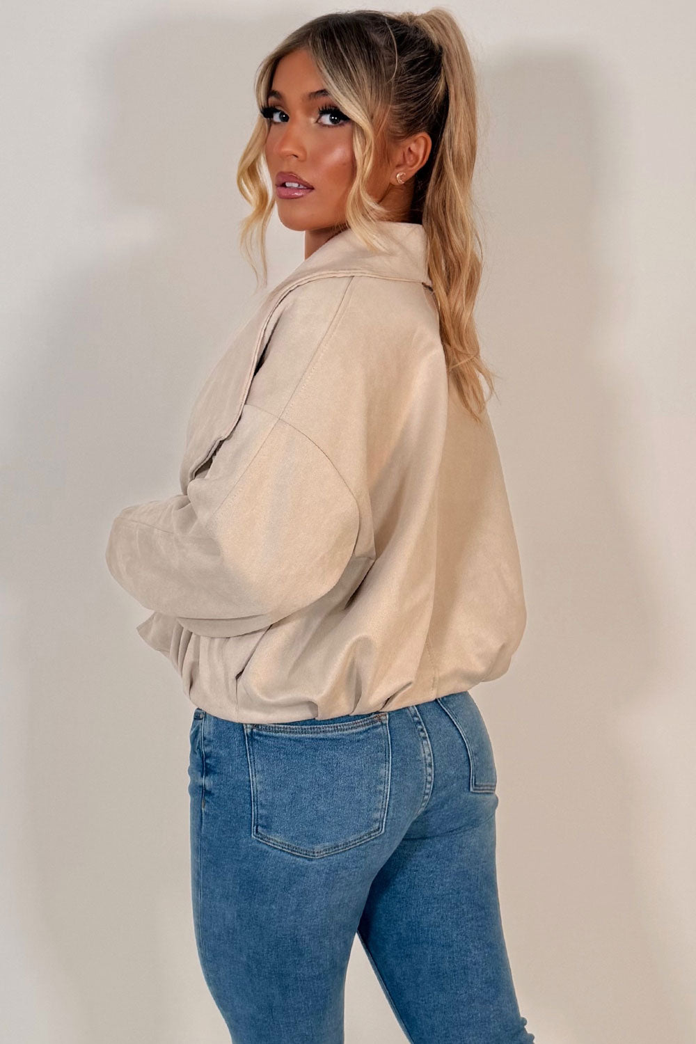 faux suede bomber jacket with collar styledup uk