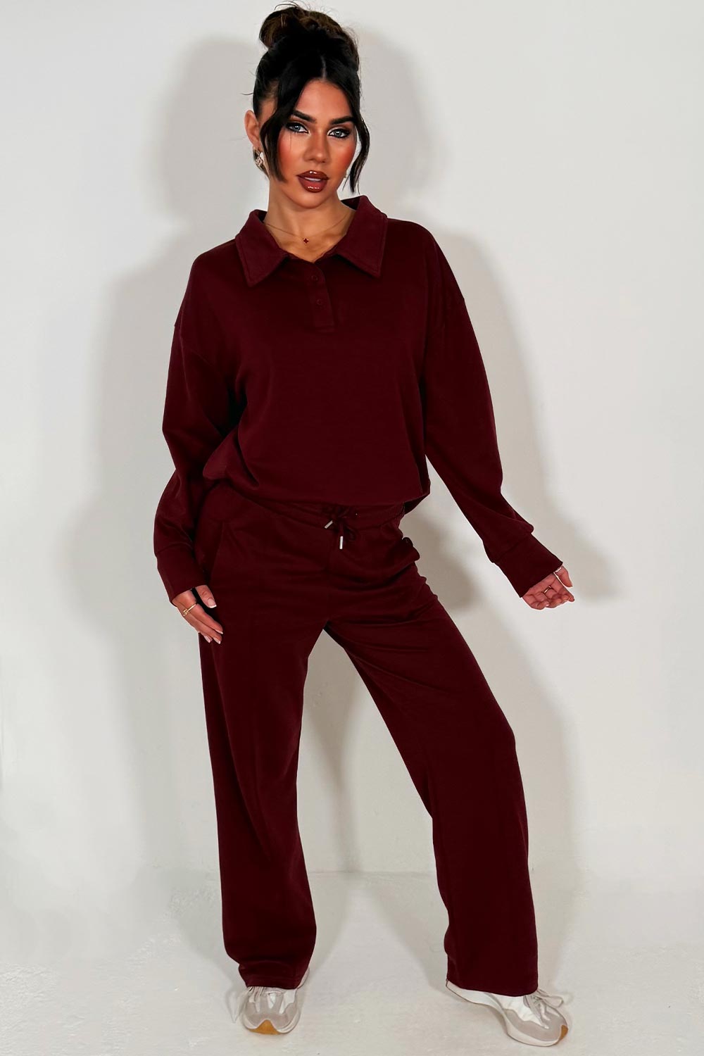 womens collared sweatshirt and straight leg joggers tracksuit lounges set airport outfit