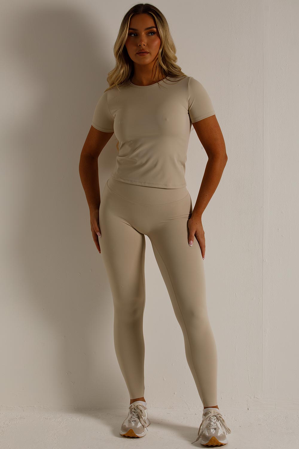 sports track short sleeve top and seamless leggings two piece co ord set womens uk