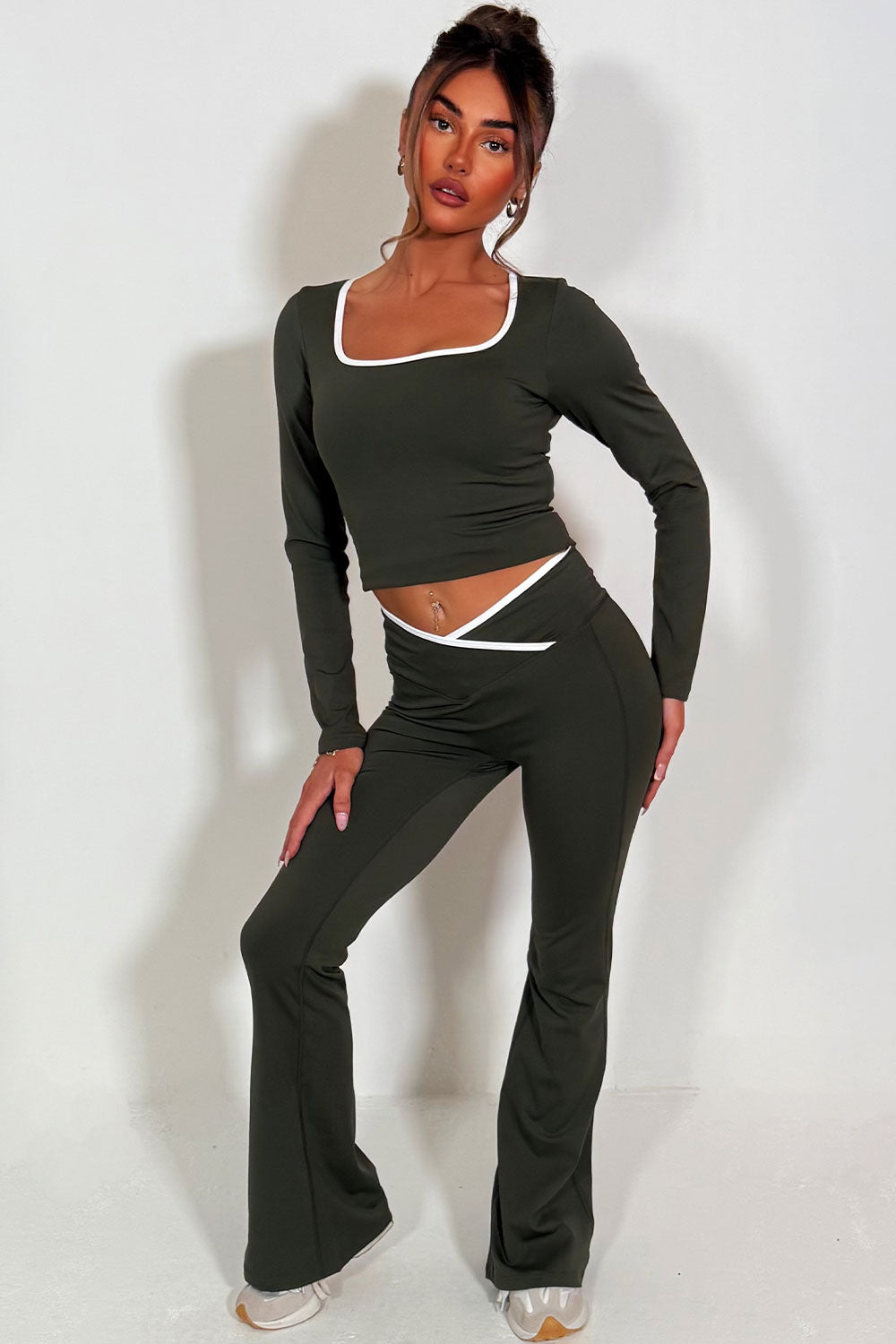 womens v waist high rise flared yoga pants and long sleeve top co ord activewear alo yoga uk