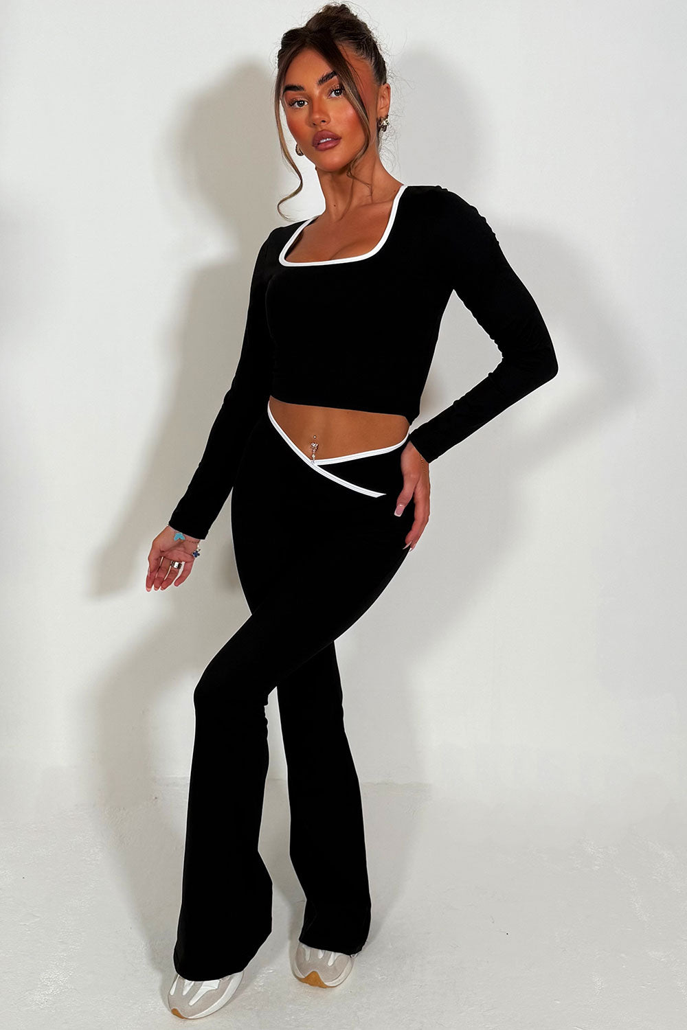 womens yoga flare trousers and long sleeve top co ord set alo yoga styled up