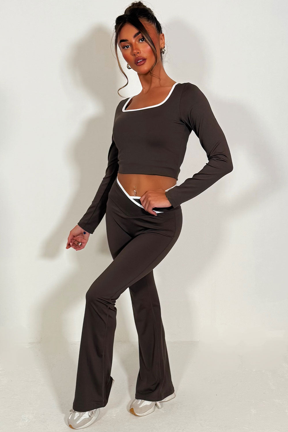 long sleeve yoga top and high rise v waist flare yoga pants styled up