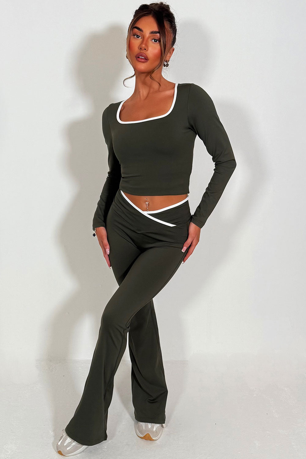 long sleeve yoga top and high rise v waist flare yoga pants styled up