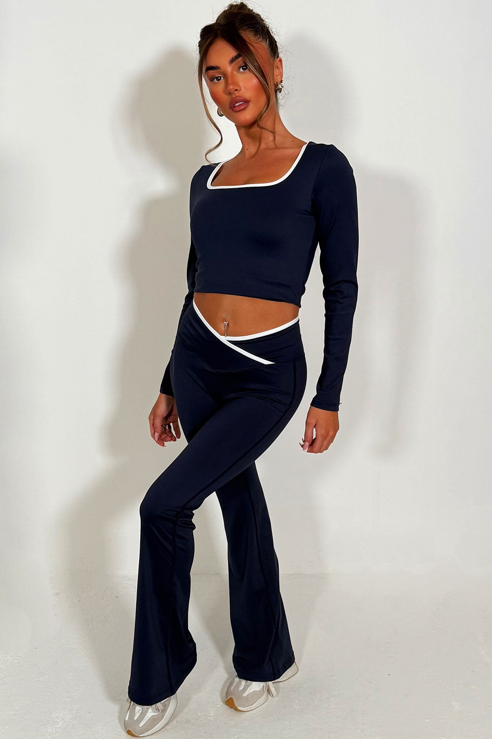 long sleeve yoga top and high rise v waist flare yoga pants styled up