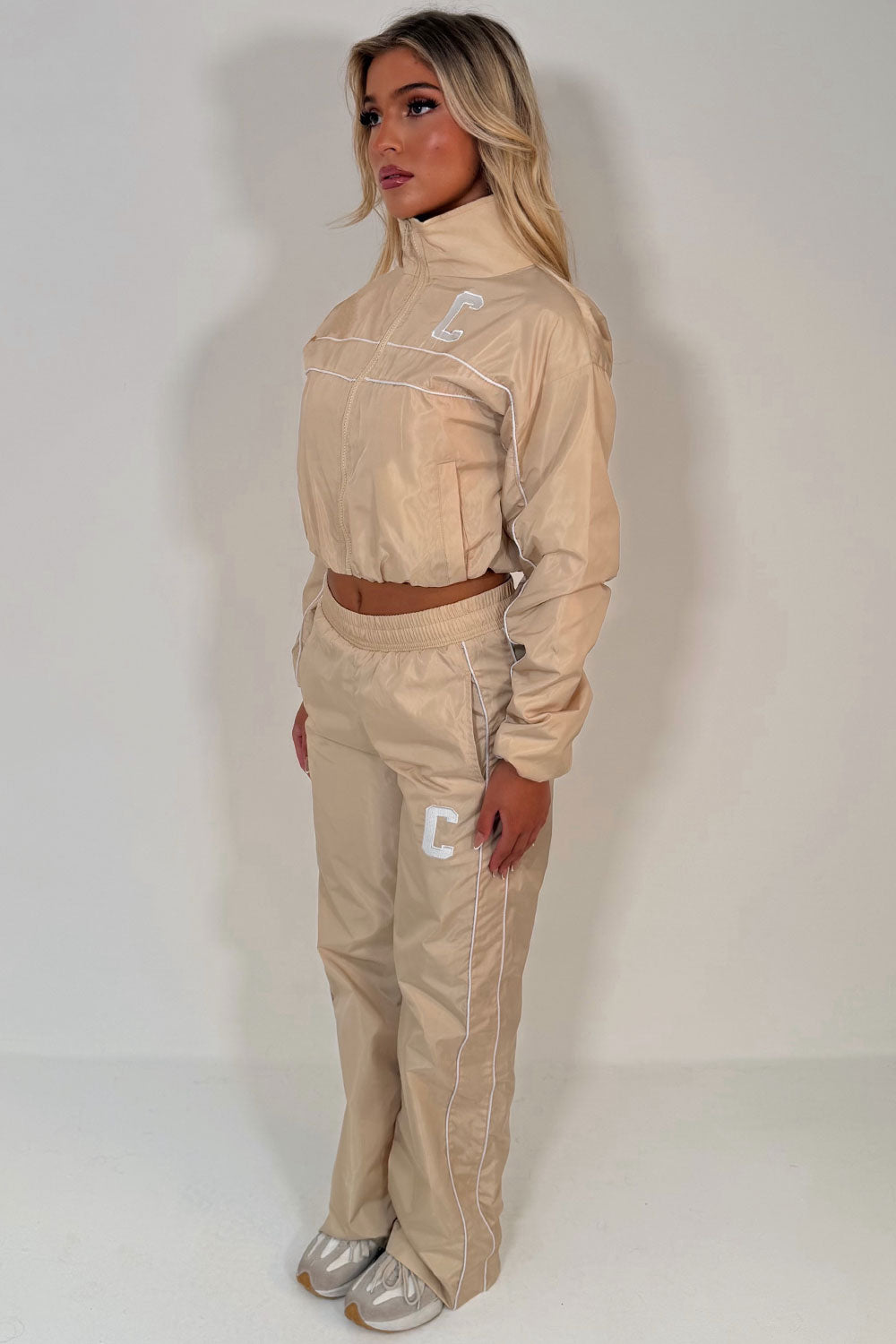 funnel neck jacket and track trousers tracksuit two piece co ord set womens summer holiday outfit