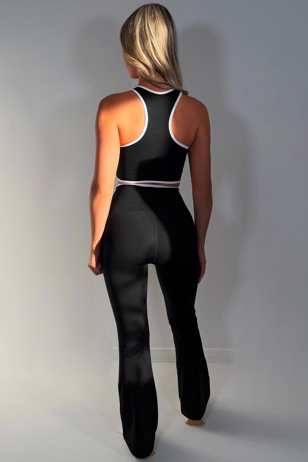 womens lululemon flare high rise pants crop top and zip up sports jacket 3 piece co ord set black sale styledup activewear gym outfit