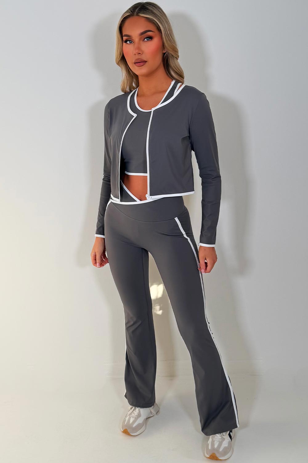 zip up sports jacket crop top and scrunch bum flare trousers 3 piece set lululemon uk