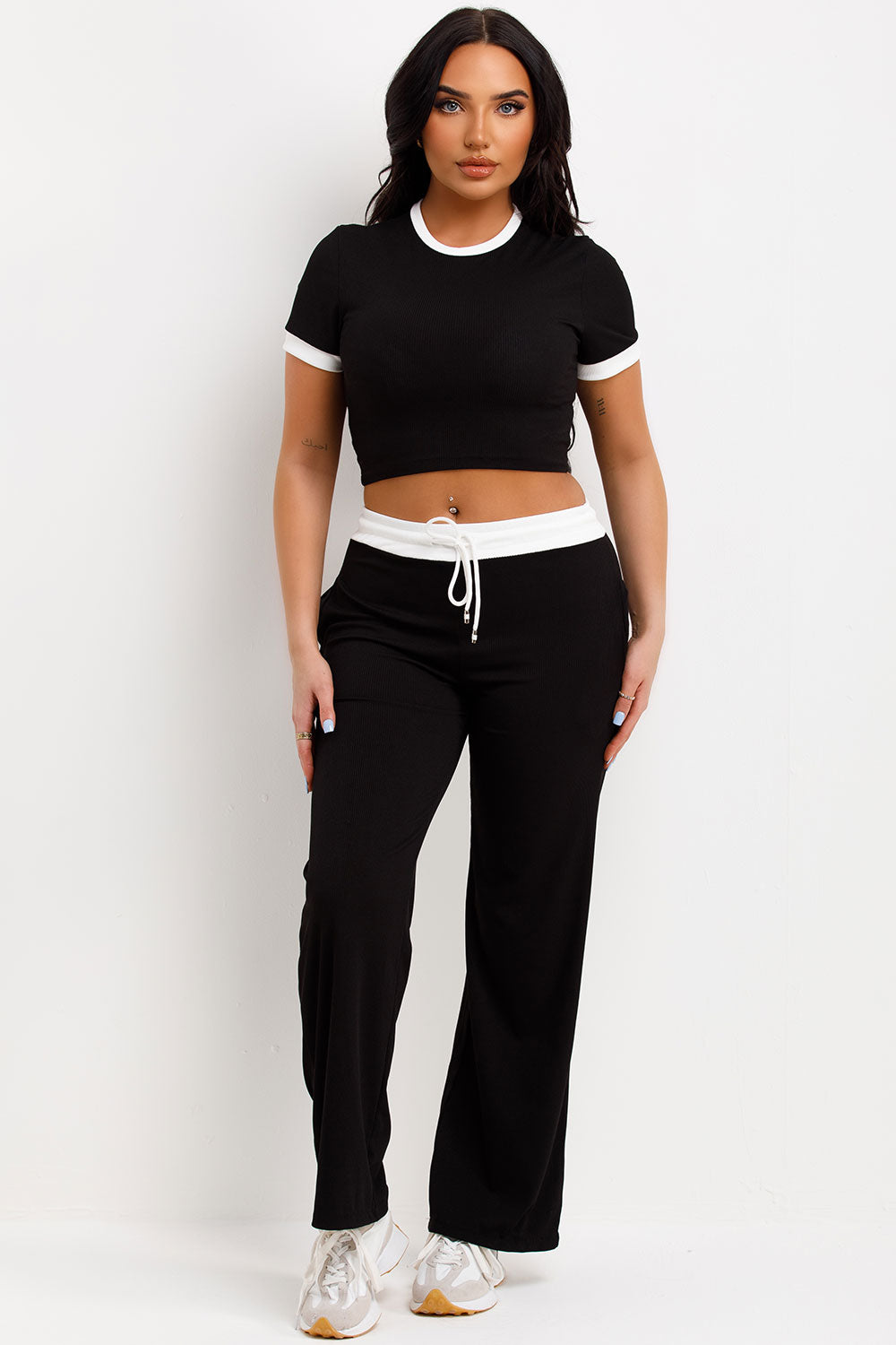 wide leg ribbed trousers and crop top co ord lounge set with contrast detail