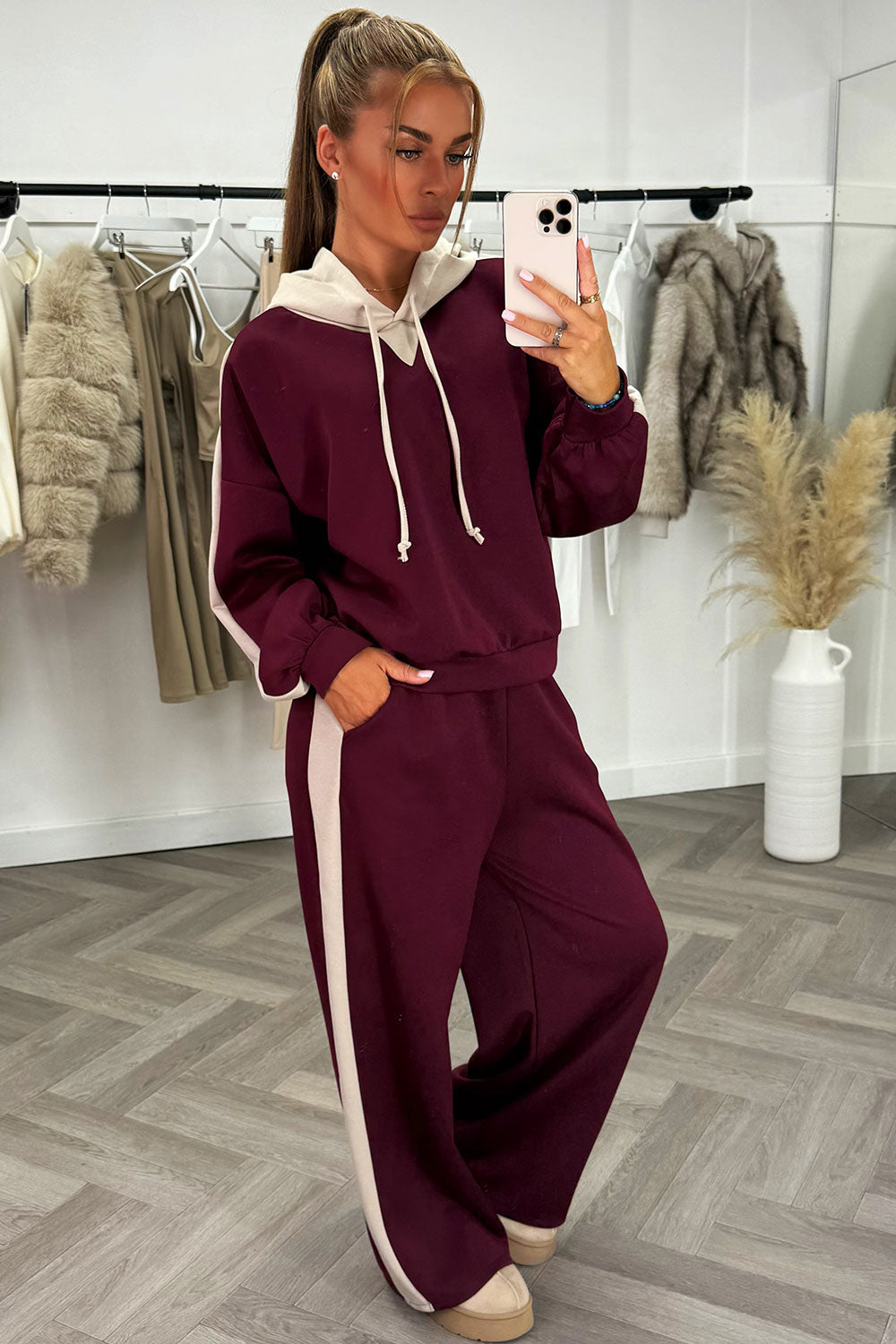 womens winter hooded sweatshirt and joggers with contrast detail loungewear co ord set