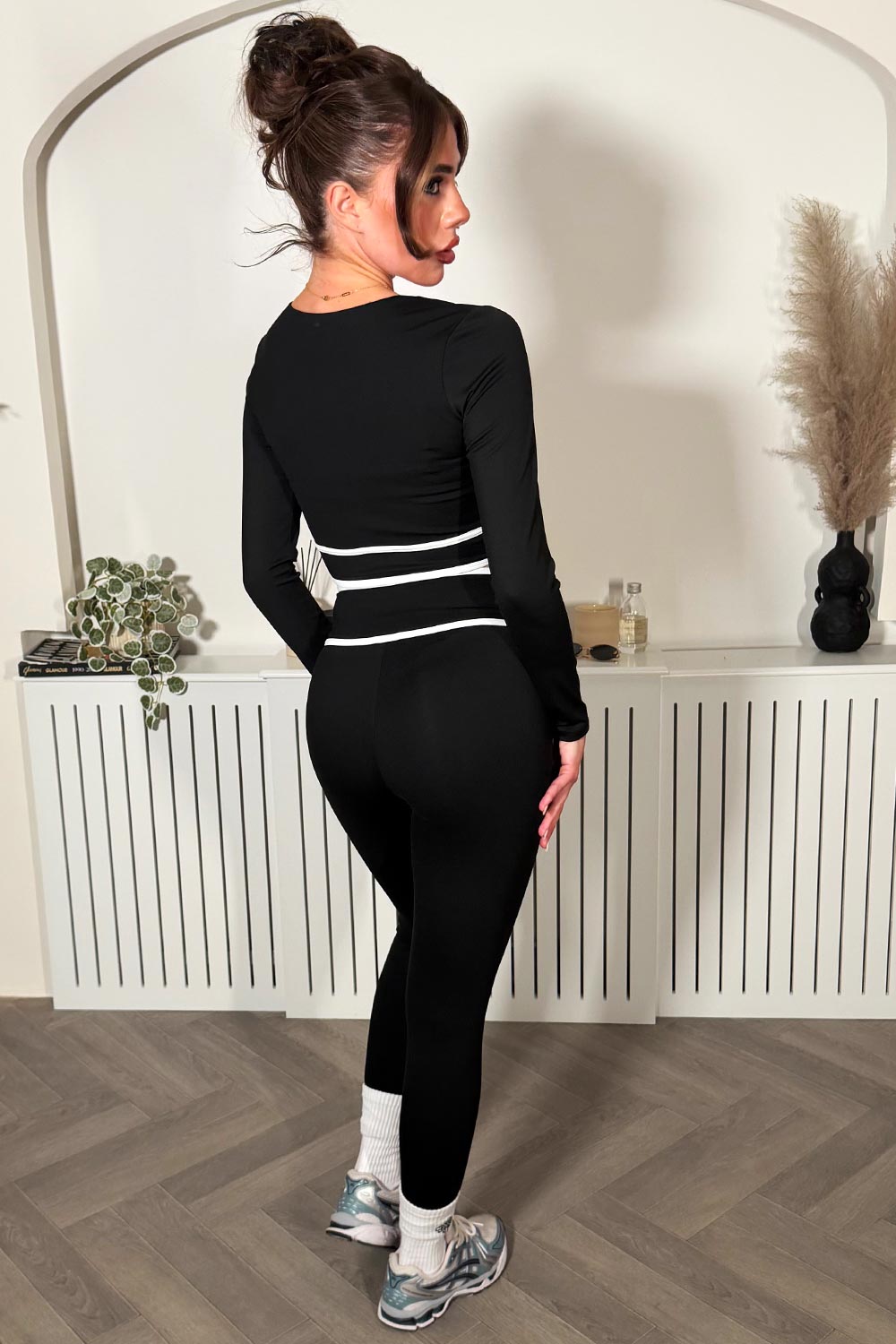 v crossover waist leggings and long sleeve crop top two piece co ord set black styledup