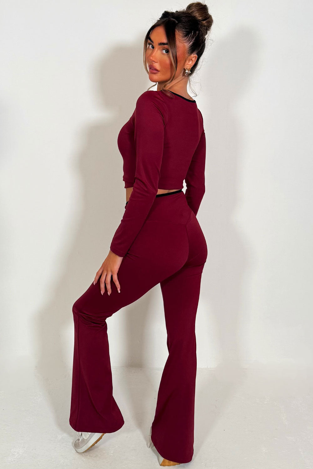 womens yoga flare trousers and long sleeve top co ord set alo yoga styled up