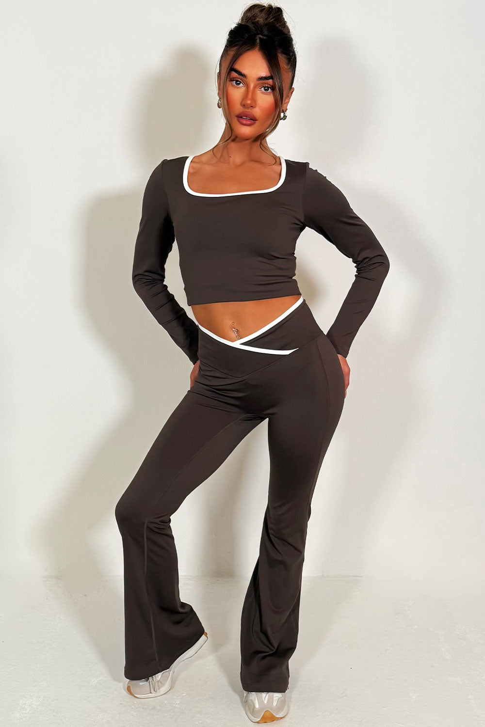 long sleeve yoga top and flare trousers co ord set styledup