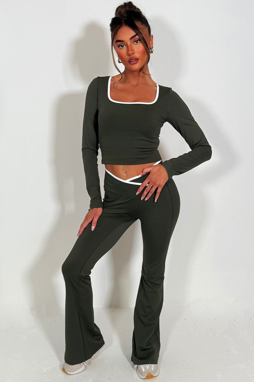 womens v waist flared yoga pants and long sleeve top two piece co ord set styled up
