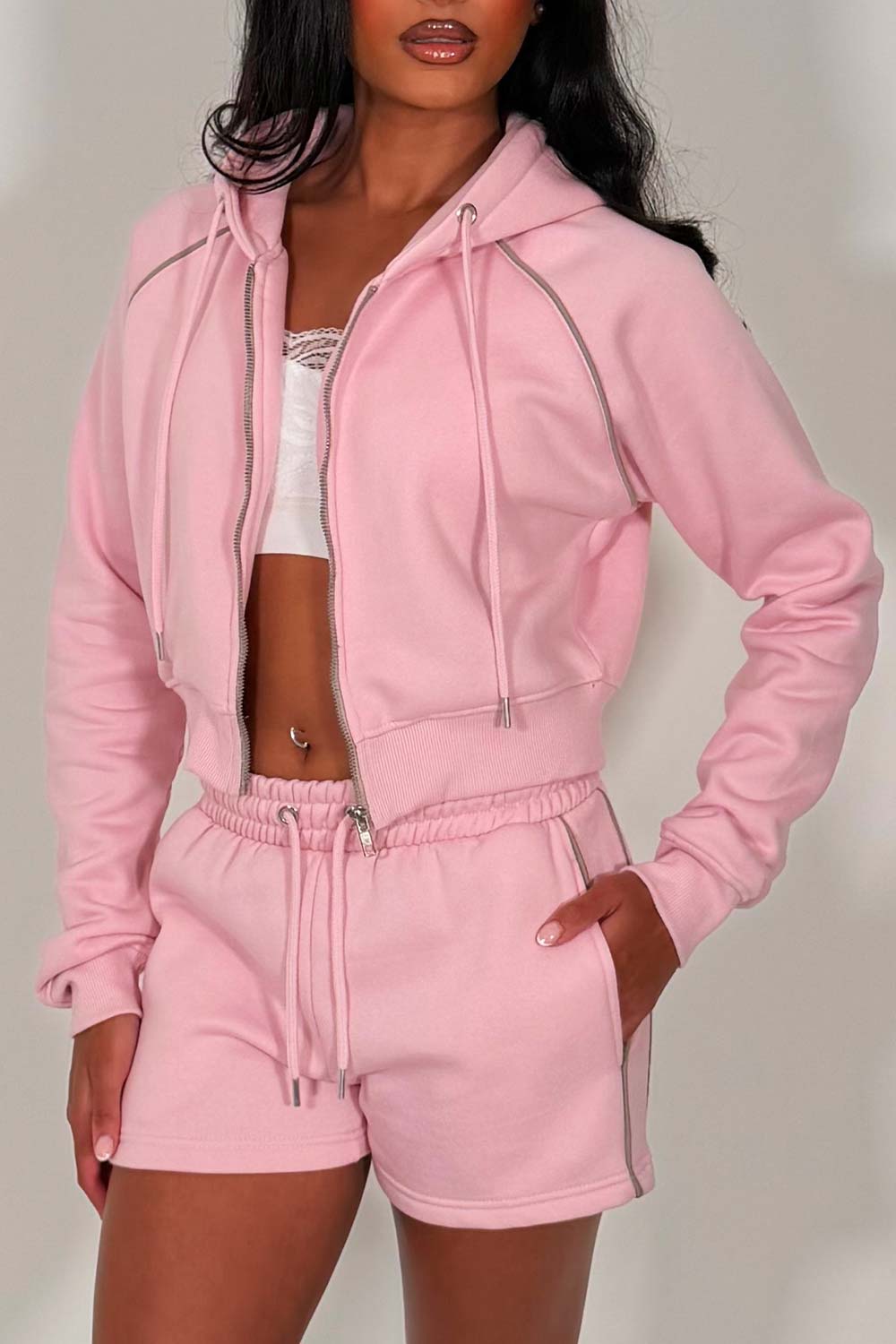 womens crop hoodie and shorts summer tracksuit co ord set holiday airport outfit styledup whitefox uk