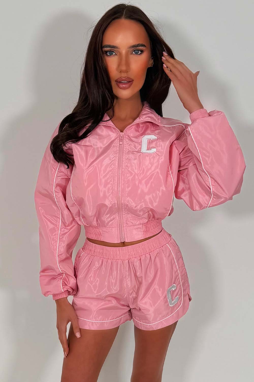 funnel neck jacket and shorts tracksuit two piece co ord set womens summer holiday outfit