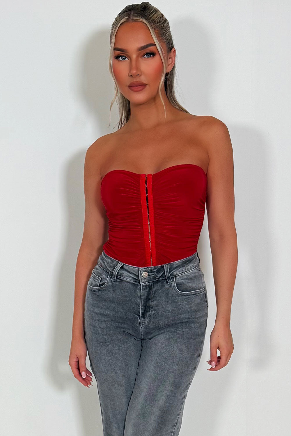 hook and eye red corset top nigh out outfit styledup