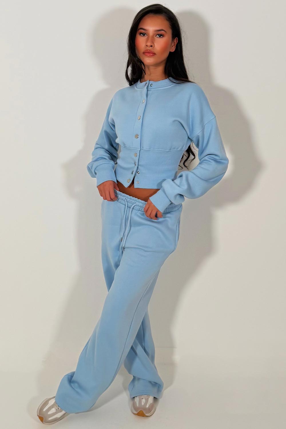 womens crop compress waist button up sweatshirt and wide leg jogger two piece tracksuit set loungewear co ord