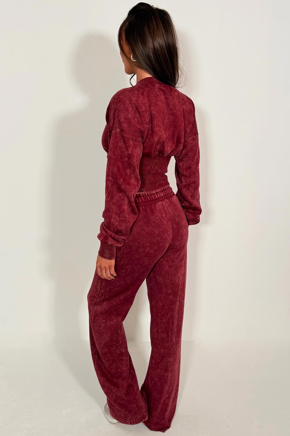 womens button up waist compress crop sweatshirt and joggers loungewear co ord acid wash burgundy set styledup casual comfy airport outfit set