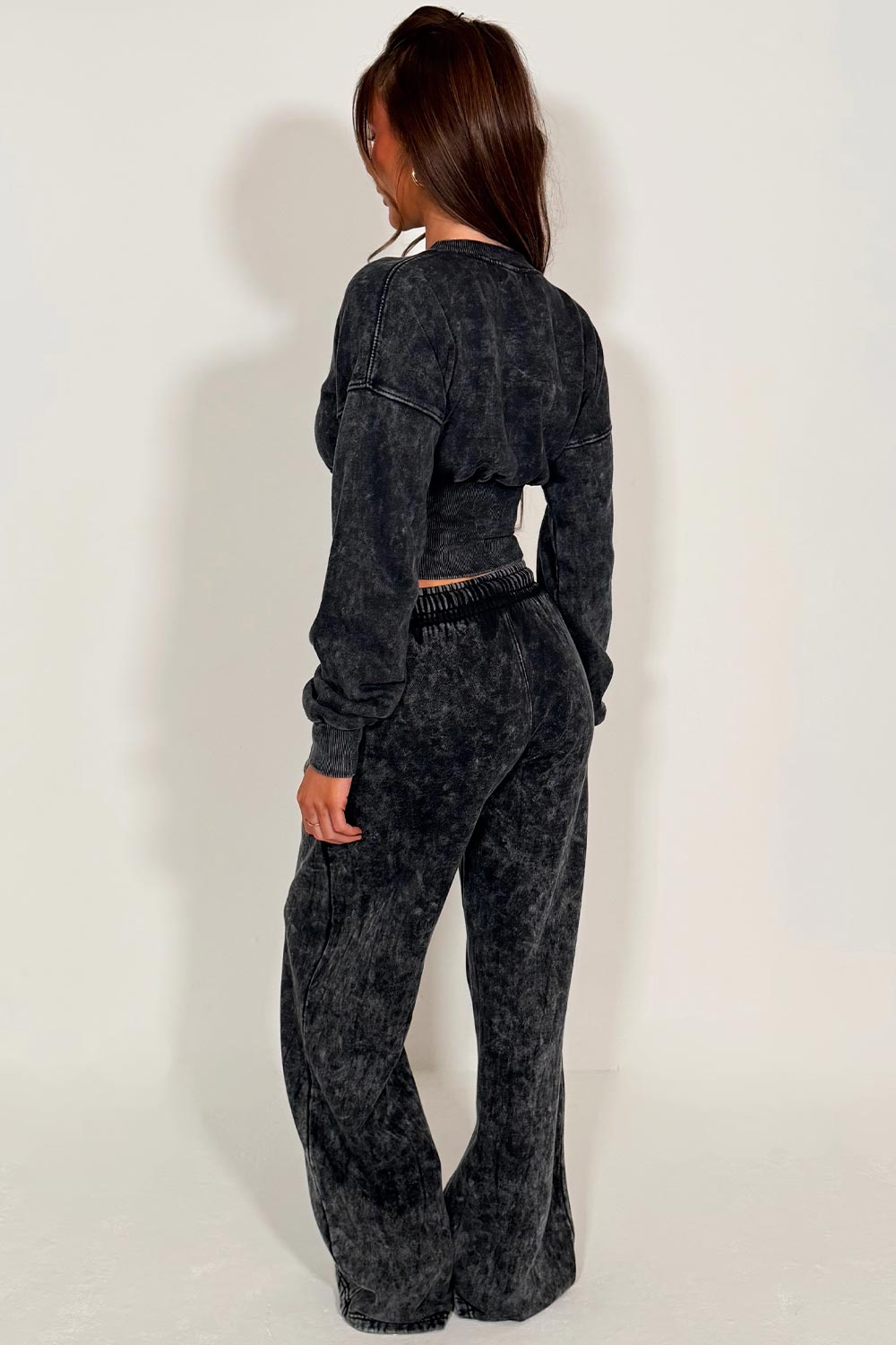 crop compress waist button up sweatshirt and wide leg jogger acid wash tracksuit set loungewear co ord