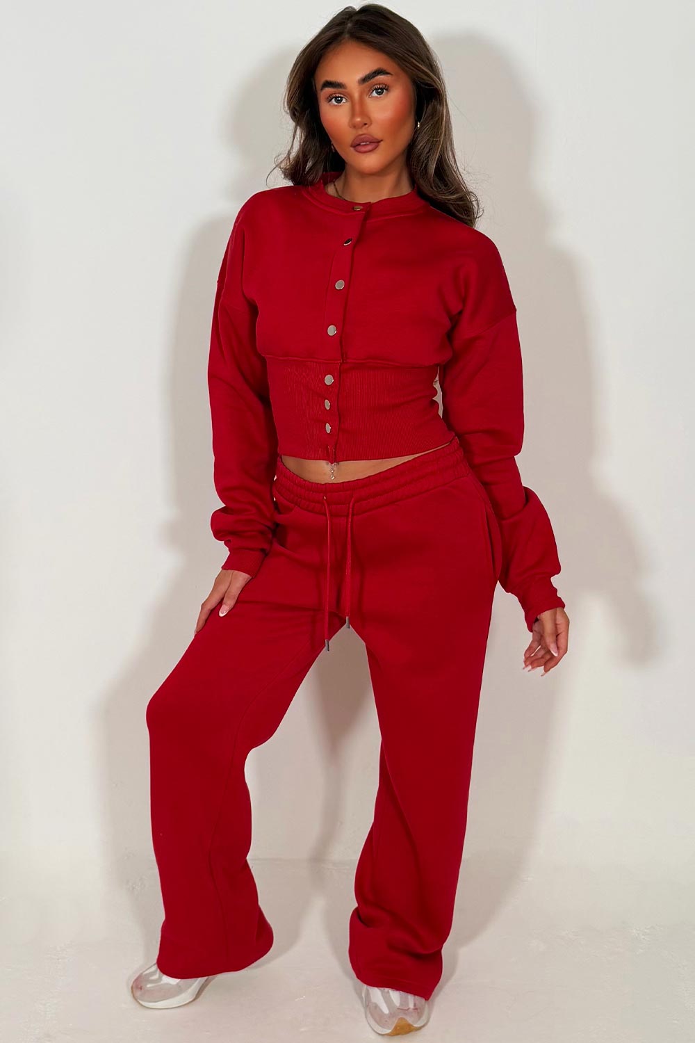 womens button up compress waist crop tracksuit styledup airport outfit red travelling clothes styledup
