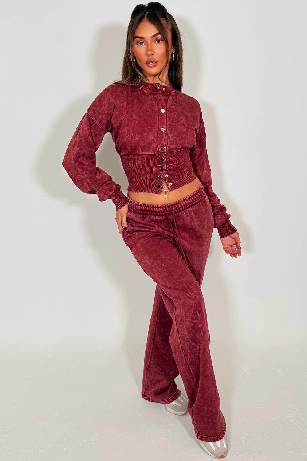 womens crop compress waist button up sweatshirt and wide leg jogger two piece tracksuit acid wash set loungewear co ord